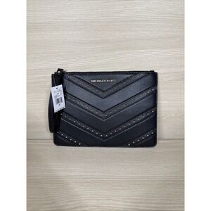 Michael Kors Ellis XL Leather Studded Clutch‎ Wristlet Blk Leather Gold Hardware